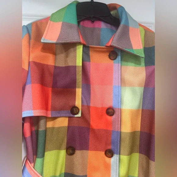 NWOT Multicolor Checkered Trench Coat - Picture 3 of 8